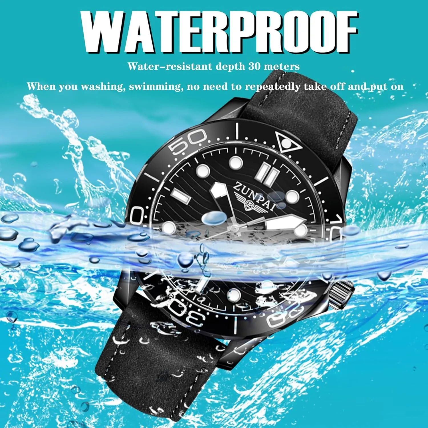 Analog Calendar, 43mm Large Face Dial ZUNPAI Men's Quartz Watch porcelain crude future rhythmical with Leather Strap Waterproof Date Display Rotating Outer Ring, Fashion Business Watch for Men with Luminous 