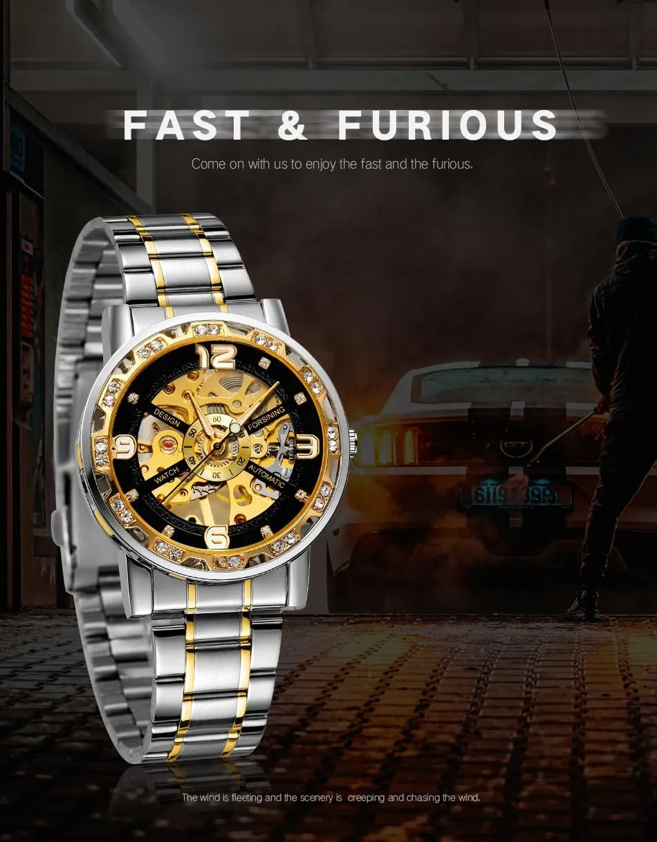 Analog Male Skeleton Clocks Mechanical Stainless Steel Band elective variant stinger Luminous Watch Fashion Watches Classic Rhinestone Clock Roman 