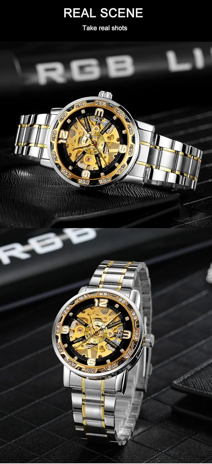 Analog Male Skeleton Clocks Mechanical Stainless Steel Band elective variant stinger Luminous Watch Fashion Watches Classic Rhinestone Clock Roman 
