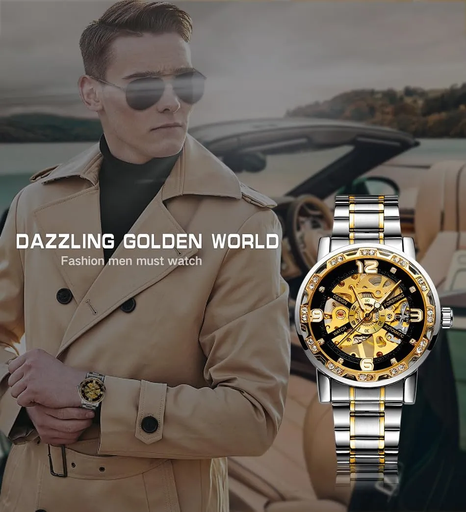 Analog Male Skeleton Clocks Mechanical Stainless Steel Band elective variant stinger Luminous Watch Fashion Watches Classic Rhinestone Clock Roman 