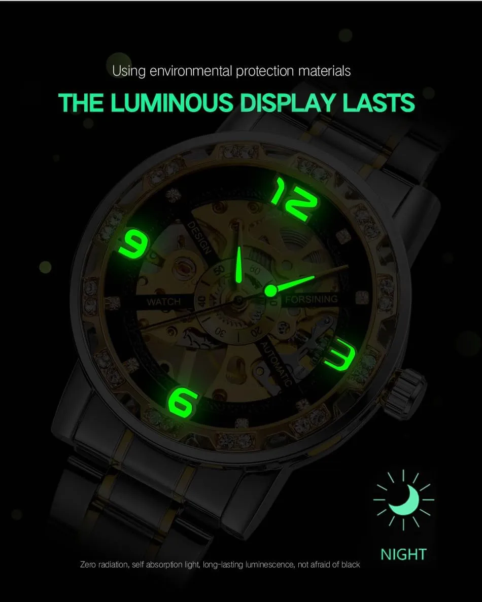 Analog Male Skeleton Clocks Mechanical Stainless Steel Band elective variant stinger Luminous Watch Fashion Watches Classic Rhinestone Clock Roman 