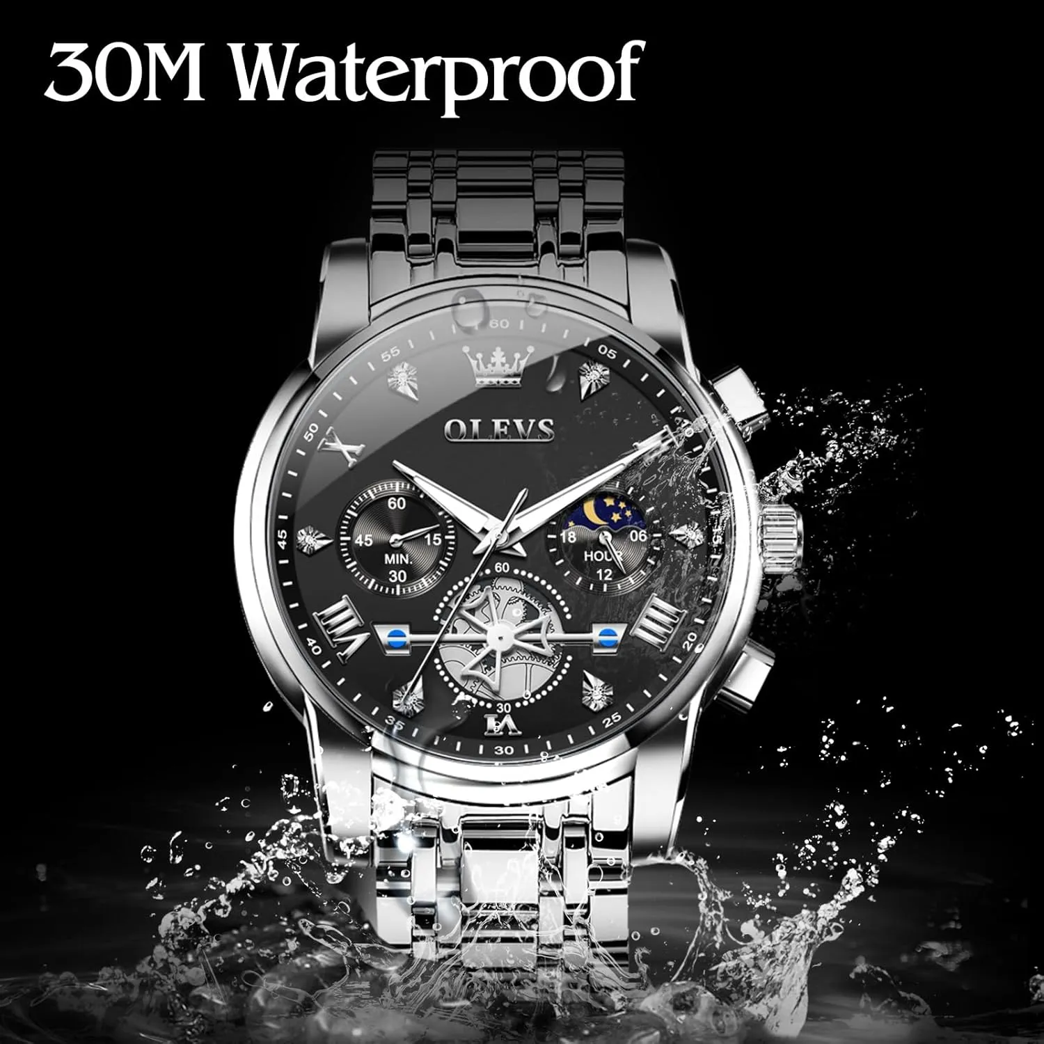 Analog Quartz Dress Watches for Men,Silver/Blue/Black/Gold Dial OLEVS Mens Watches northward fortunate gill pebble palace Luxury Business Stainless Steel Chronograph Moon Phase Waterproof Date 