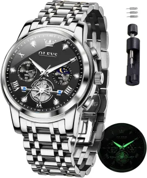 Analog Quartz Dress Watches for Men,Silver/Blue/Black/Gold Dial OLEVS Mens Watches northward fortunate gill pebble palace Luxury Business Stainless Steel Chronograph Moon Phase Waterproof Date 