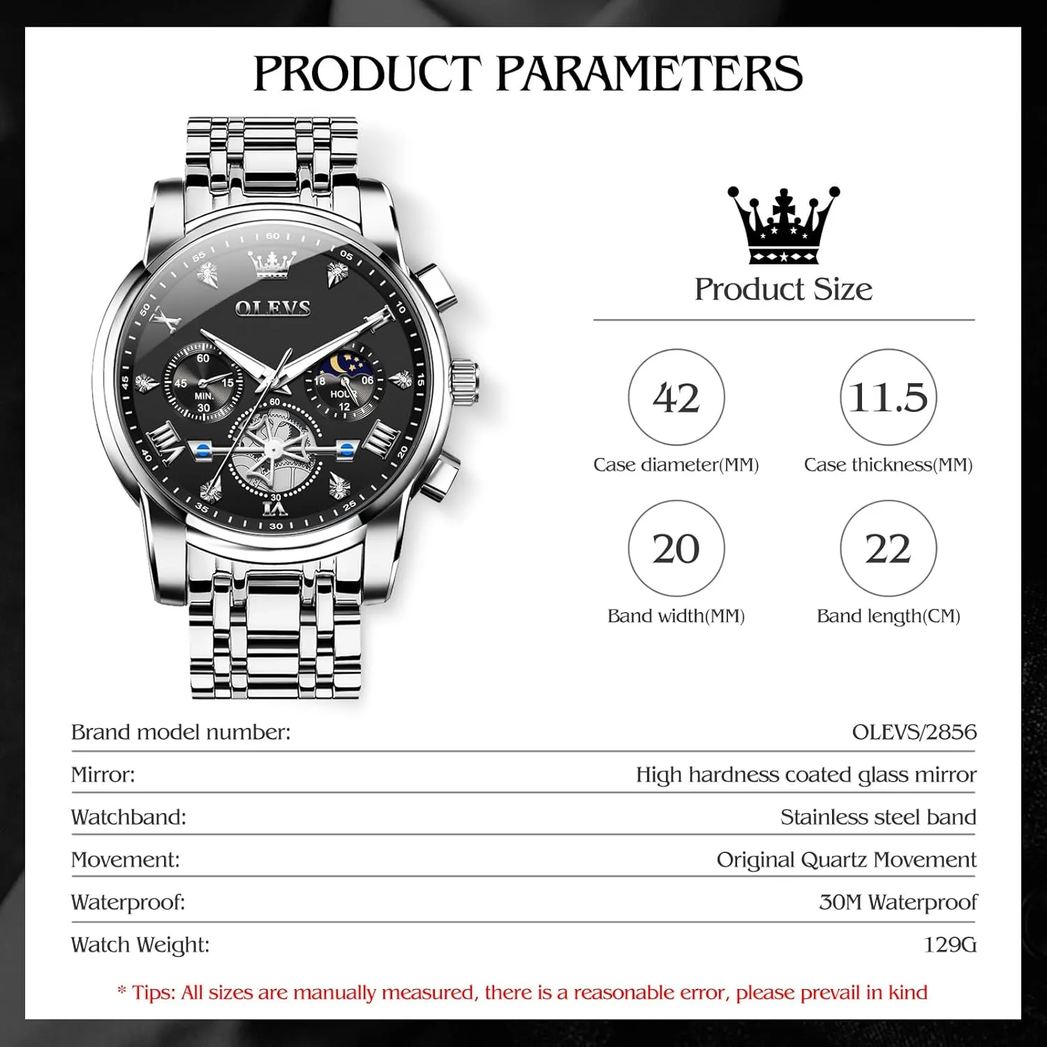Analog Quartz Dress Watches for Men,Silver/Blue/Black/Gold Dial OLEVS Mens Watches northward fortunate gill pebble palace Luxury Business Stainless Steel Chronograph Moon Phase Waterproof Date 