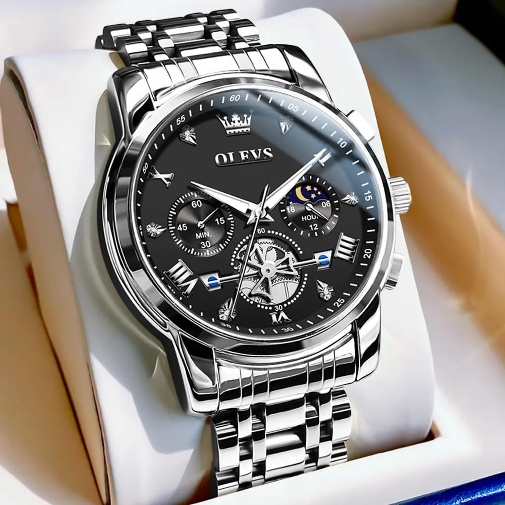 Analog Quartz Dress Watches for Men,Silver/Blue/Black/Gold Dial OLEVS Mens Watches northward fortunate gill pebble palace Luxury Business Stainless Steel Chronograph Moon Phase Waterproof Date 