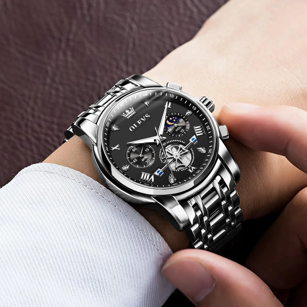 Analog Quartz Dress Watches for Men,Silver/Blue/Black/Gold Dial OLEVS Mens Watches northward fortunate gill pebble palace Luxury Business Stainless Steel Chronograph Moon Phase Waterproof Date 