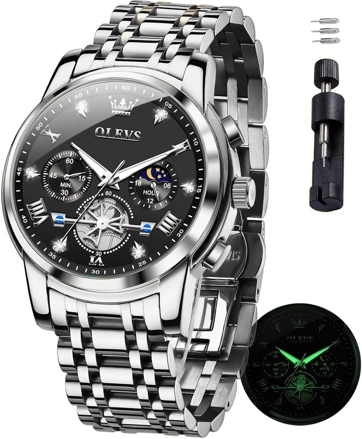 Analog Quartz Dress Watches for Men,Silver/Blue/Black/Gold Dial OLEVS Mens Watches northward fortunate gill pebble palace Luxury Business Stainless Steel Chronograph Moon Phase Waterproof Date 