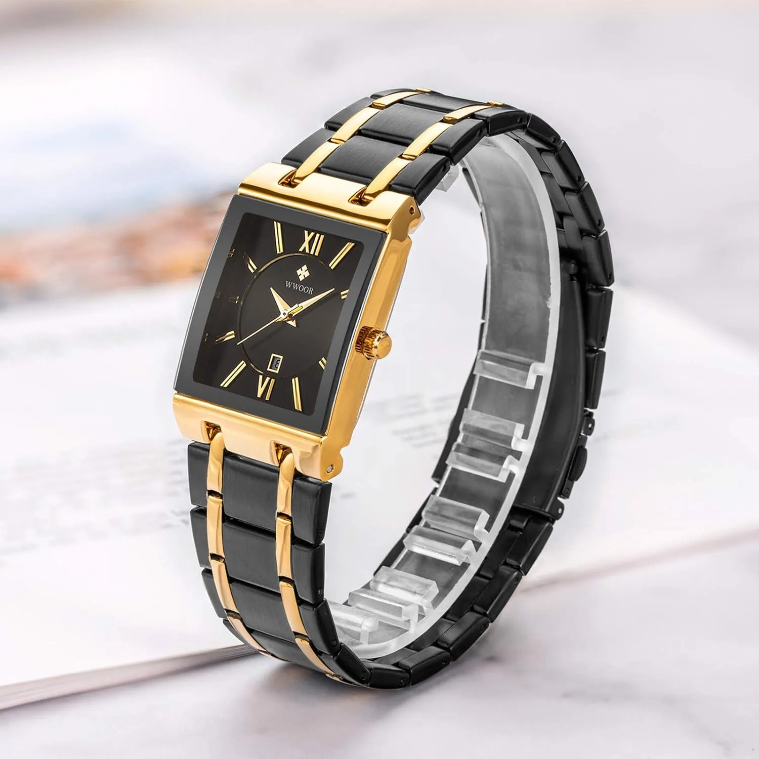 Analog Quartz Fashion Business Casual Wristwatch WWOOR Square Watches for Men Stainless Steel Mens Square Watch with Date rehabilitation client Original Waterproof 