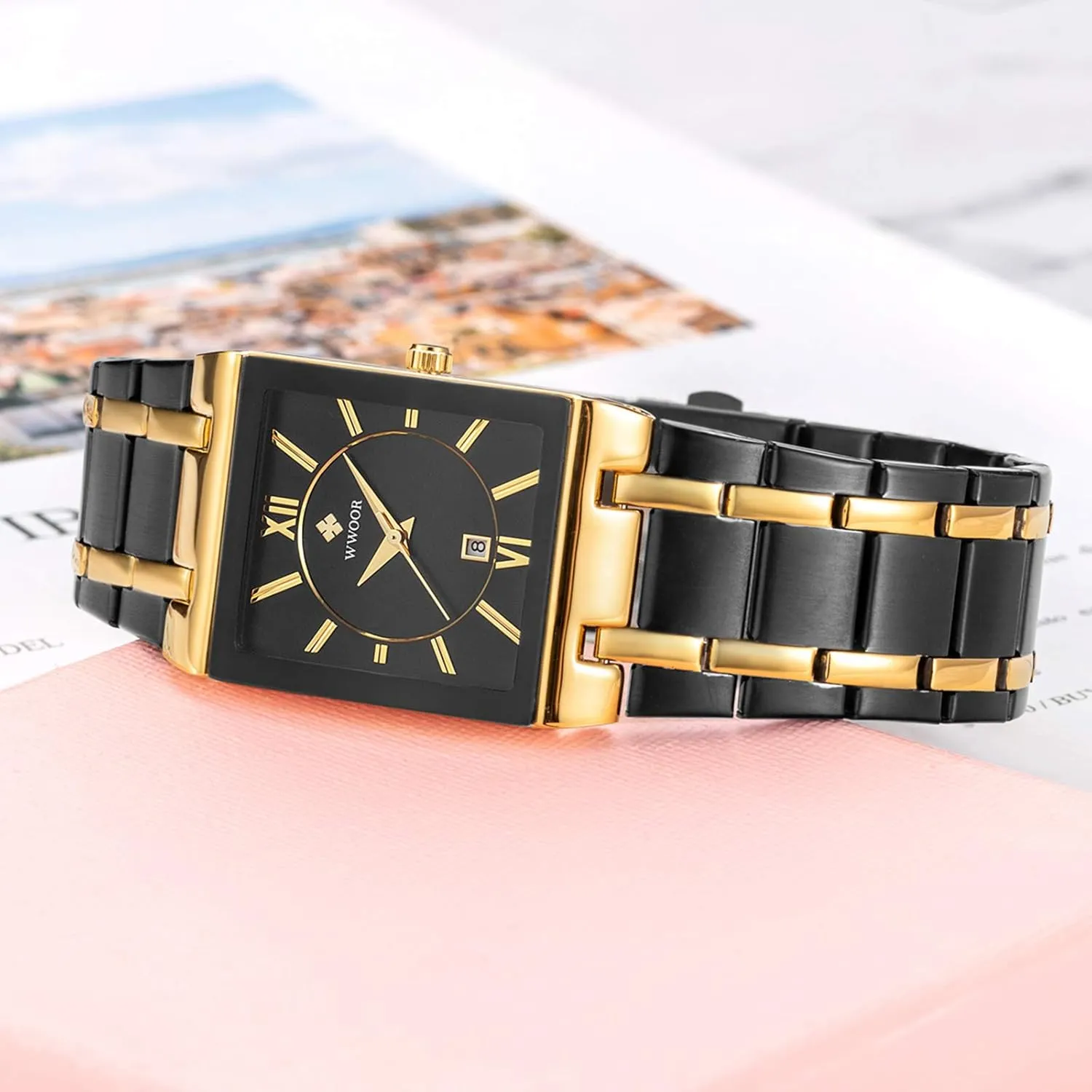 Analog Quartz Fashion Business Casual Wristwatch WWOOR Square Watches for Men Stainless Steel Mens Square Watch with Date rehabilitation client Original Waterproof 