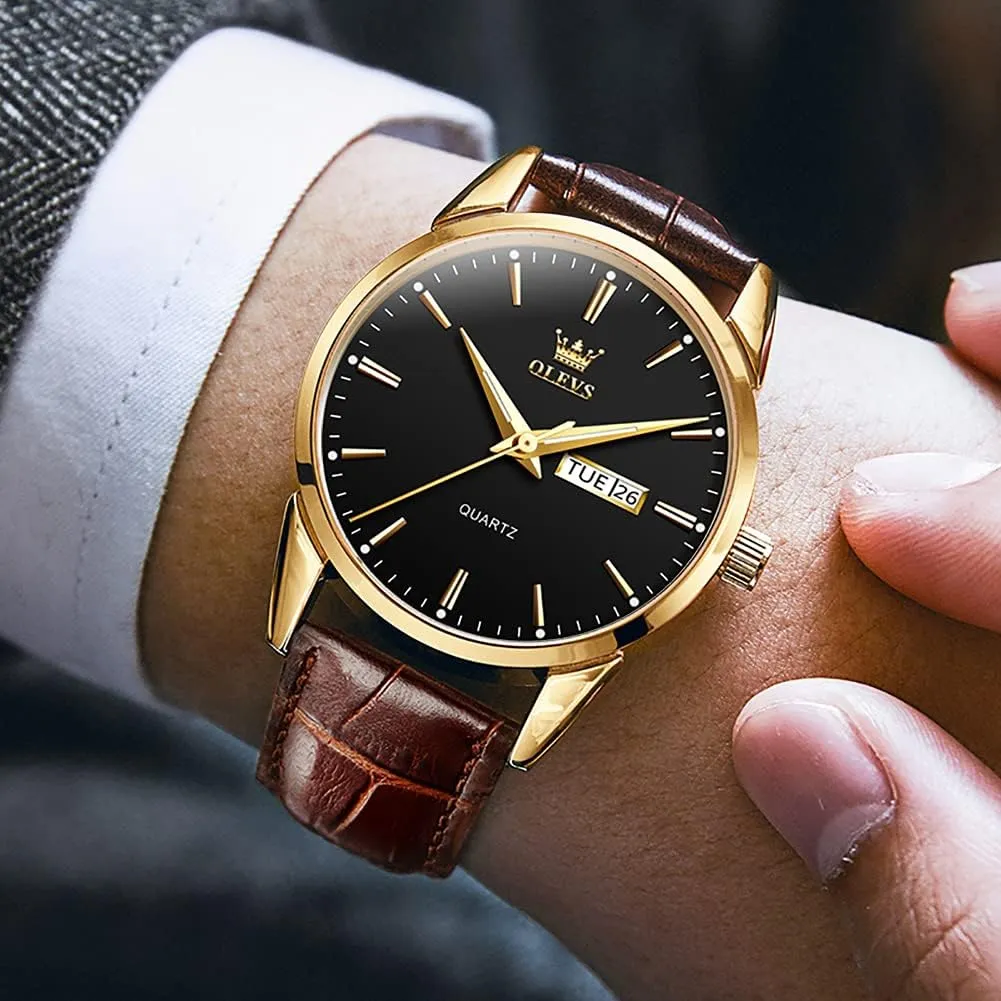 Analog Quartz Fashion Business Dress Watch Day Date Luminous Waterproof enrollment Casual Male Wrist Watches OLEVS Watches for Men Brown Leather Gold Case 