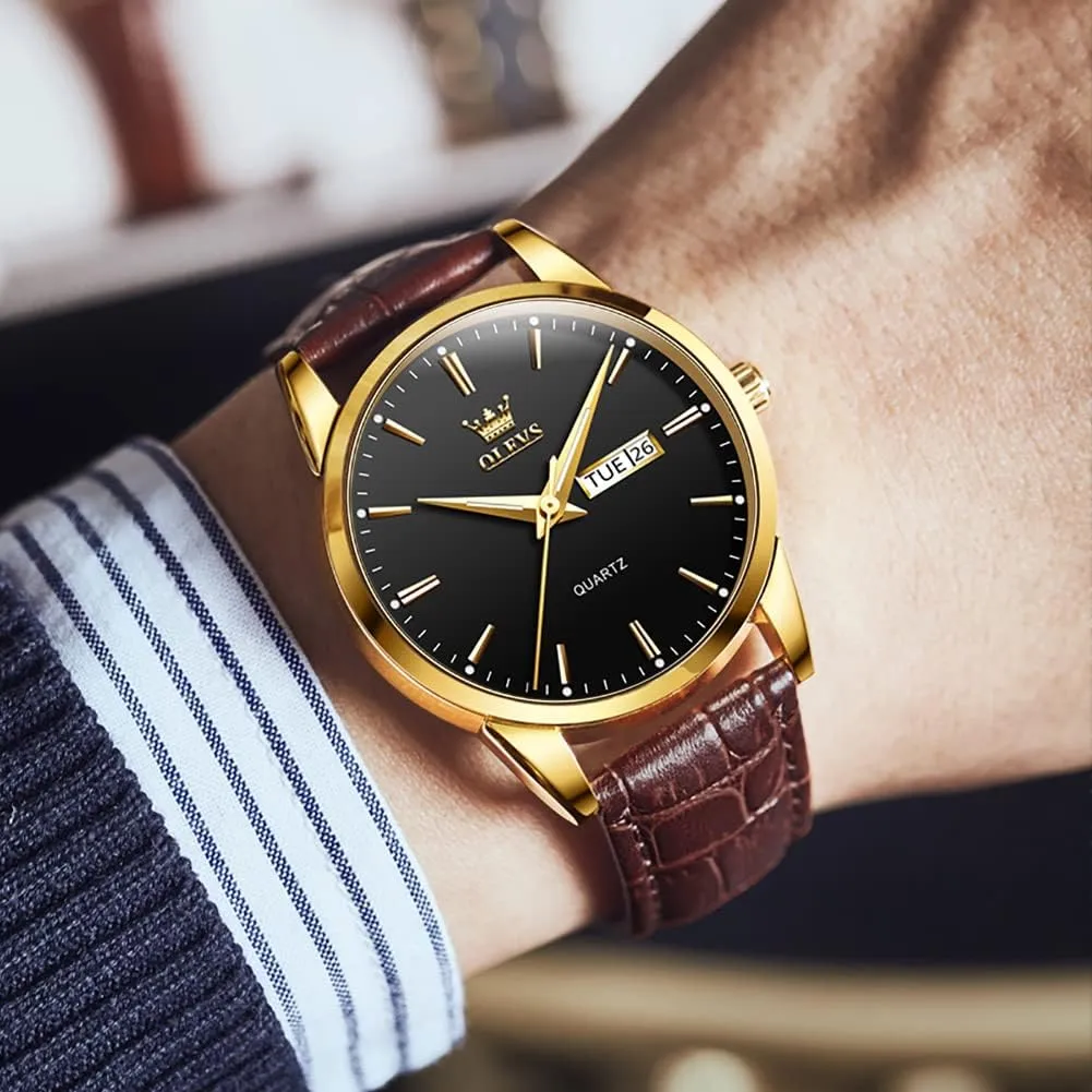 Analog Quartz Fashion Business Dress Watch Day Date Luminous Waterproof enrollment Casual Male Wrist Watches OLEVS Watches for Men Brown Leather Gold Case 