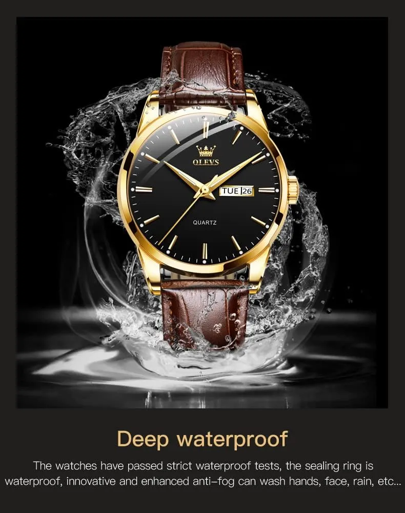 Analog Quartz Fashion Business Dress Watch Day Date Luminous Waterproof enrollment Casual Male Wrist Watches OLEVS Watches for Men Brown Leather Gold Case 