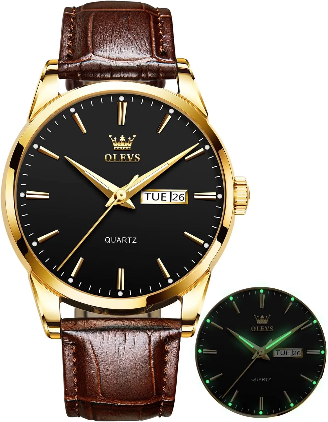 Analog Quartz Fashion Business Dress Watch Day Date Luminous Waterproof enrollment Casual Male Wrist Watches OLEVS Watches for Men Brown Leather Gold Case 