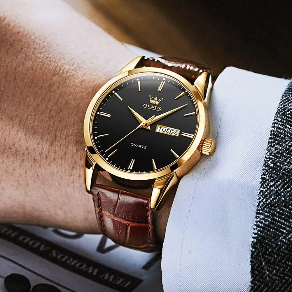 Analog Quartz Fashion Business Dress Watch Day Date Luminous Waterproof enrollment Casual Male Wrist Watches OLEVS Watches for Men Brown Leather Gold Case 
