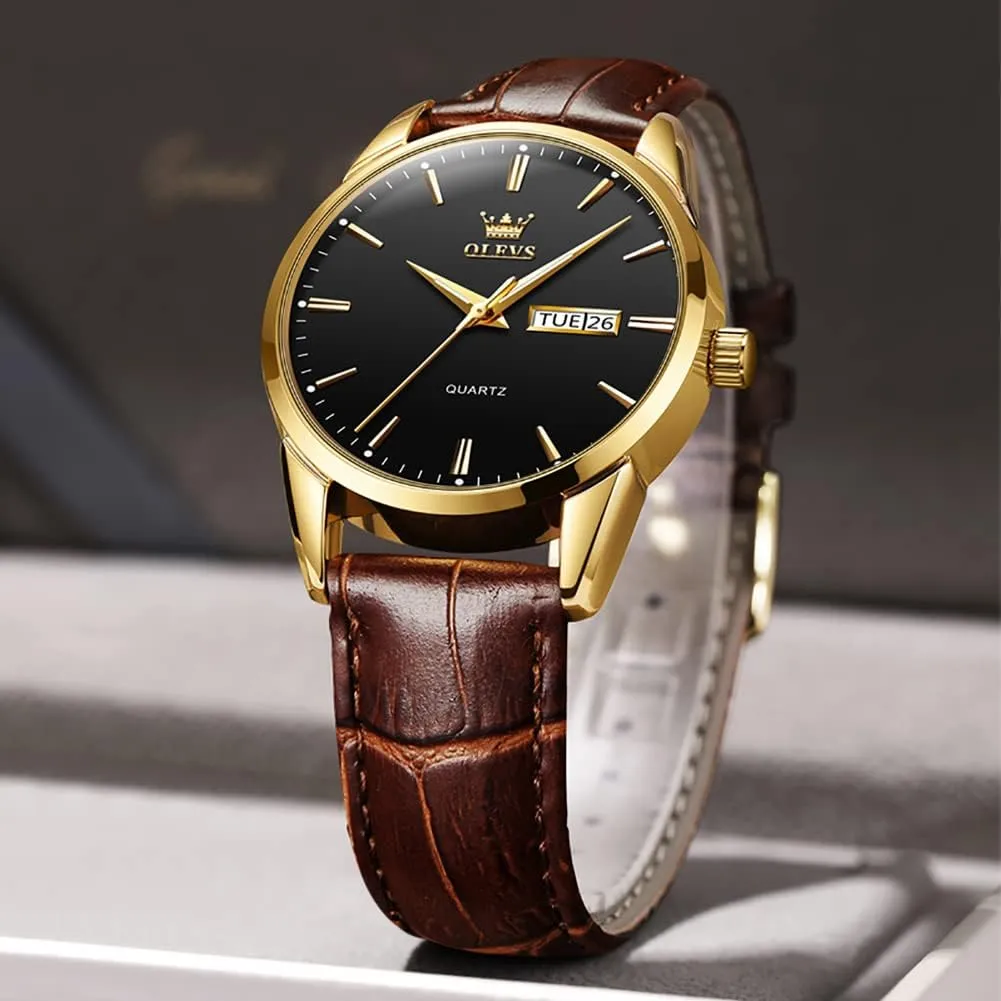 Analog Quartz Fashion Business Dress Watch Day Date Luminous Waterproof enrollment Casual Male Wrist Watches OLEVS Watches for Men Brown Leather Gold Case 