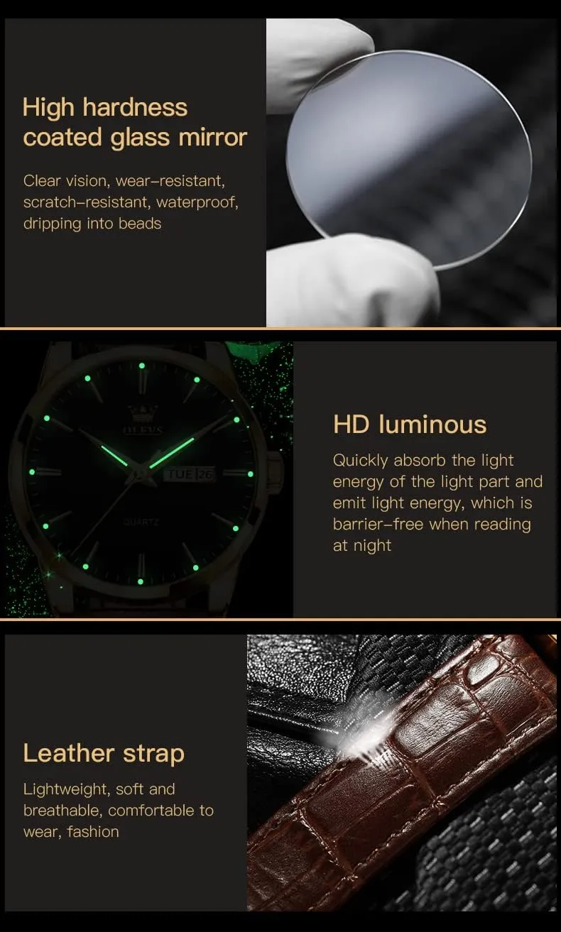 Analog Quartz Fashion Business Dress Watch Day Date Luminous Waterproof enrollment Casual Male Wrist Watches OLEVS Watches for Men Brown Leather Gold Case 
