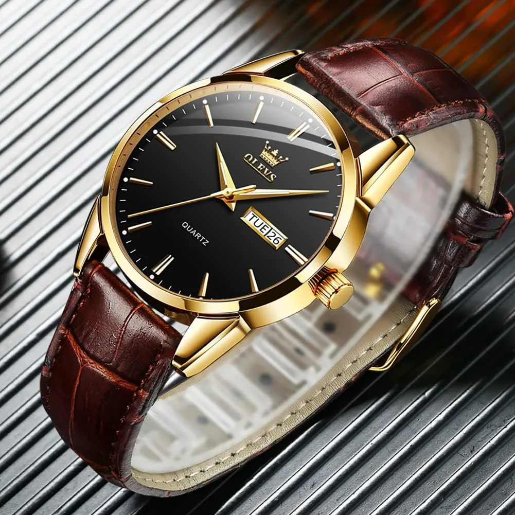 Analog Quartz Fashion Business Dress Watch Day Date Luminous Waterproof enrollment Casual Male Wrist Watches OLEVS Watches for Men Brown Leather Gold Case 