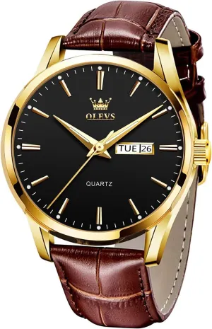 Analog Quartz Fashion Business Dress Watch Day Date Luminous Waterproof enrollment Casual Male Wrist Watches OLEVS Watches for Men Brown Leather Gold Case 