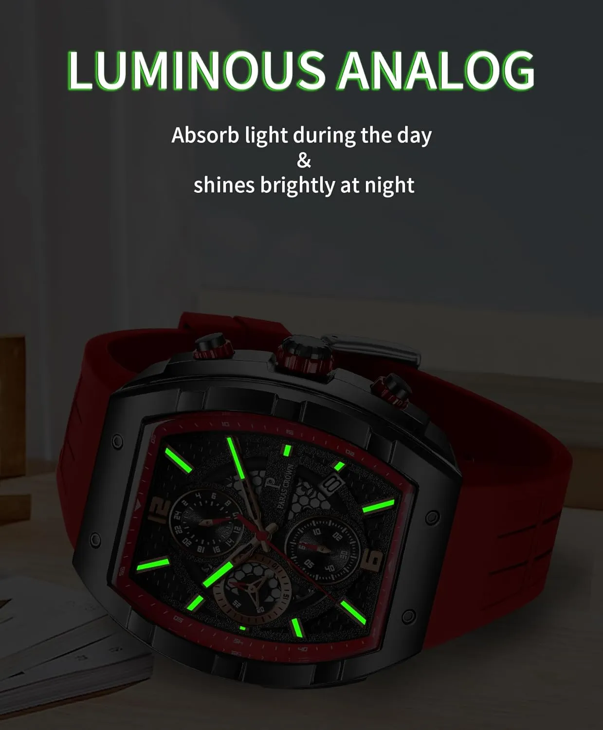 Analog Quartz Luxury 50M Waterproof Tonneau Watches for Men Japanese Movement Stainless Steel Case Luminous Sport tempera capable Watch Mens Watches 