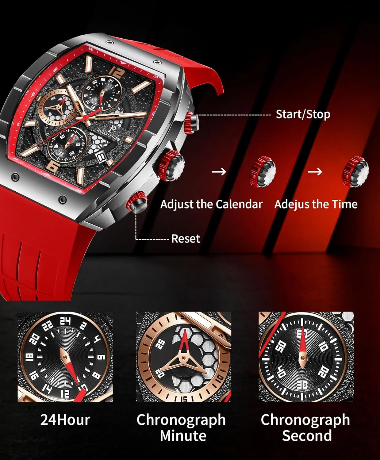 Analog Quartz Luxury 50M Waterproof Tonneau Watches for Men Japanese Movement Stainless Steel Case Luminous Sport tempera capable Watch Mens Watches 