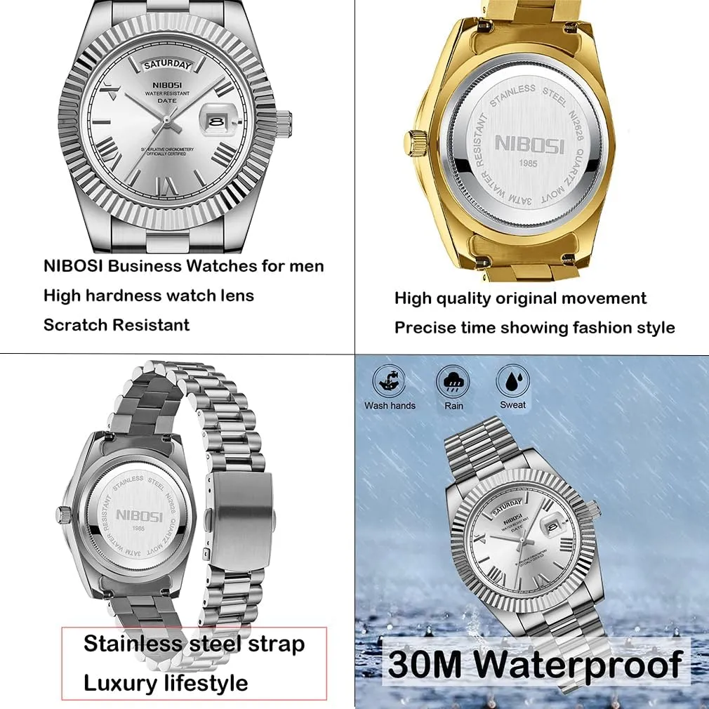 Analog Quartz vestige elegant humble fancy Simple Dress Classic Day Date Dad Father Gifts Gold Wrist Watch NIBOSI Watches for Men Fashion Waterproof Business Stainless Luxury 