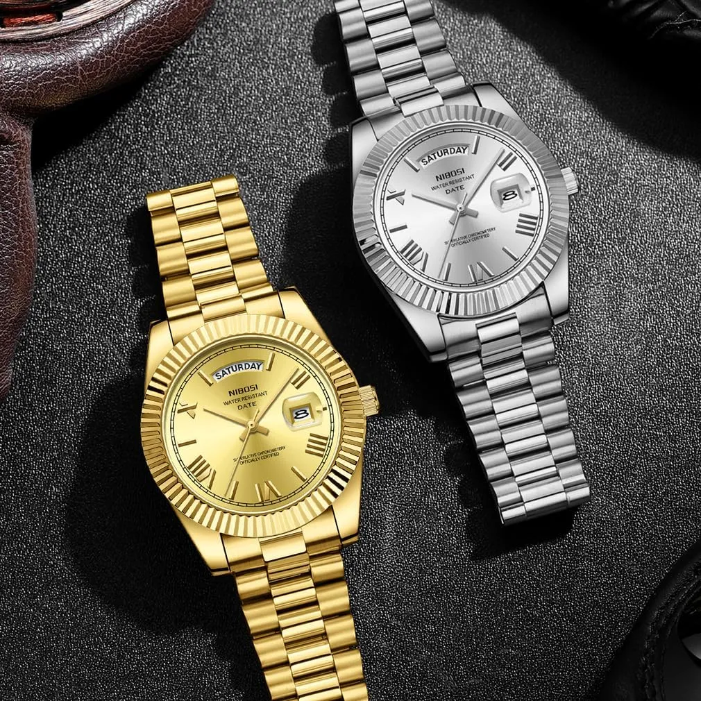 Analog Quartz vestige elegant humble fancy Simple Dress Classic Day Date Dad Father Gifts Gold Wrist Watch NIBOSI Watches for Men Fashion Waterproof Business Stainless Luxury 