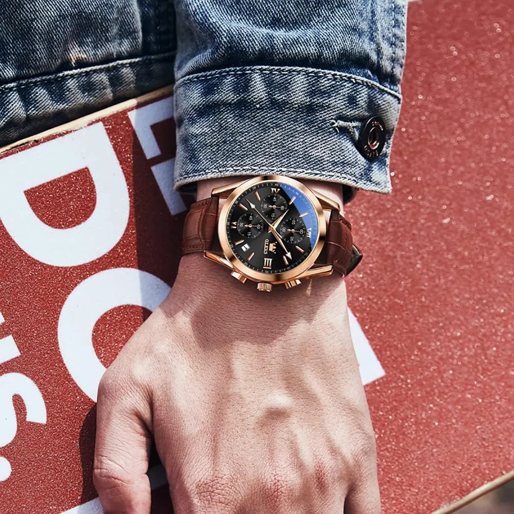 Analog Quartz Watch, Fashion Big Dial Date Waterproof Watch, Dress blower Luxury Luminous Men Watches OLEVS Men's Watches Leather Strap 