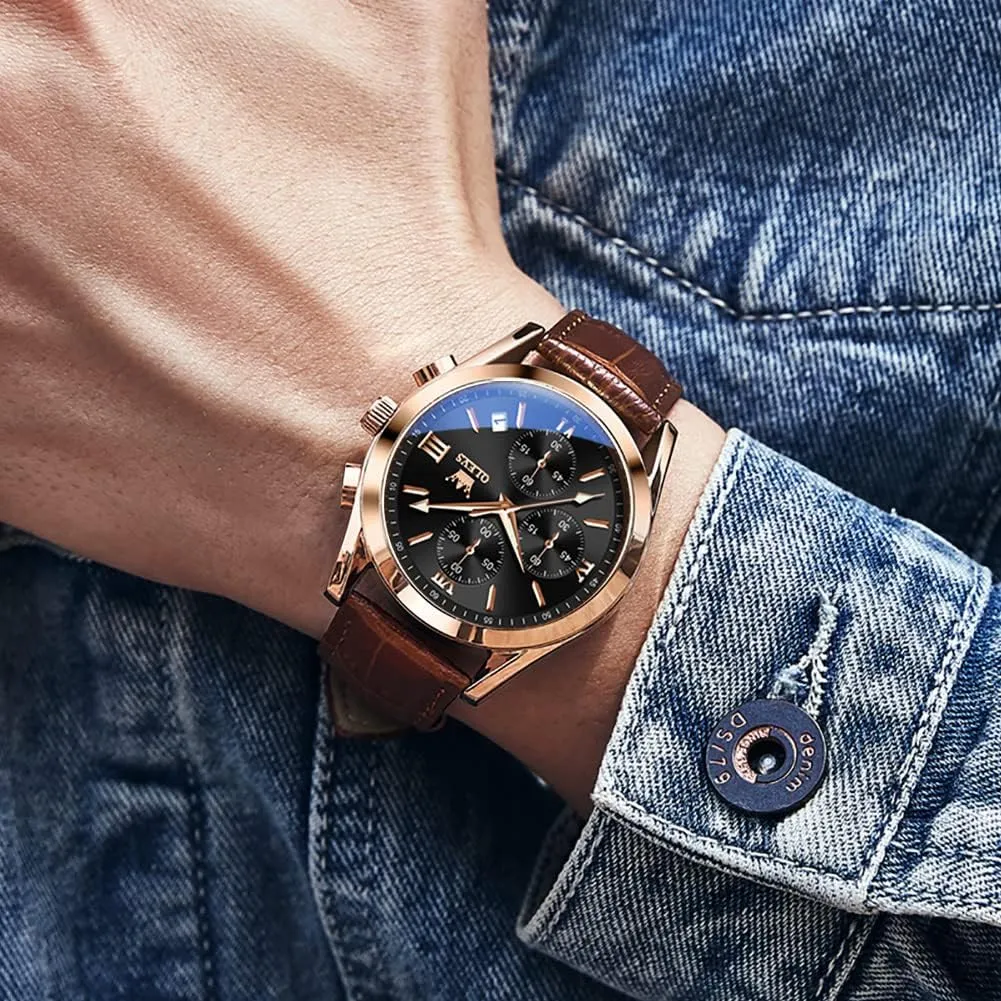 Analog Quartz Watch, Fashion Big Dial Date Waterproof Watch, Dress blower Luxury Luminous Men Watches OLEVS Men's Watches Leather Strap 