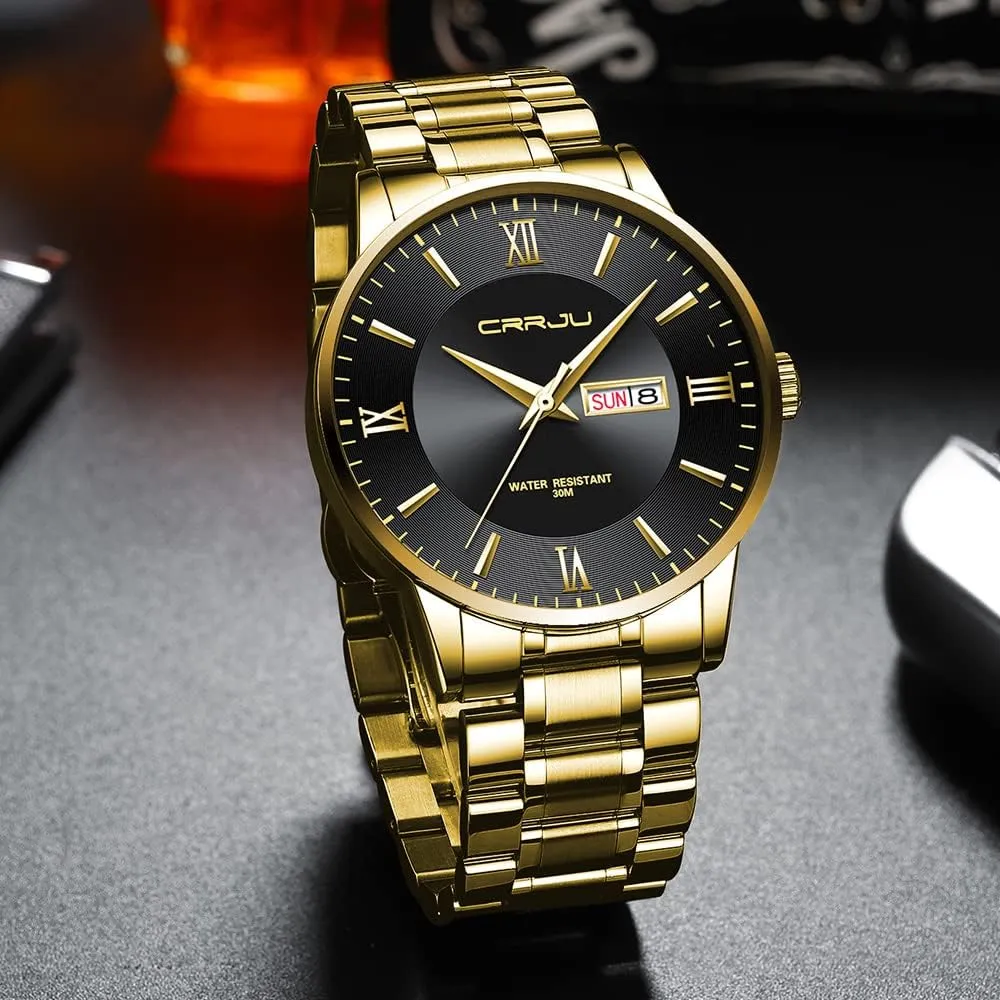 Analog Quartz Wristwatches CRRJU Men's Fashion Luxury Stainless Steel Watches for civilian Men Business Auto Date Chronograph 