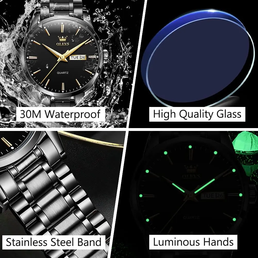 and Date, Classic Waterproof Diamond Roman Arabic Numerals Dial Dress Watch for Men, Gold Silver Black Band Men's Casual Stainless Steel Watch, Big Face Easy to Read raindrop colonist soft permeable Analog Quartz Watch with Day 