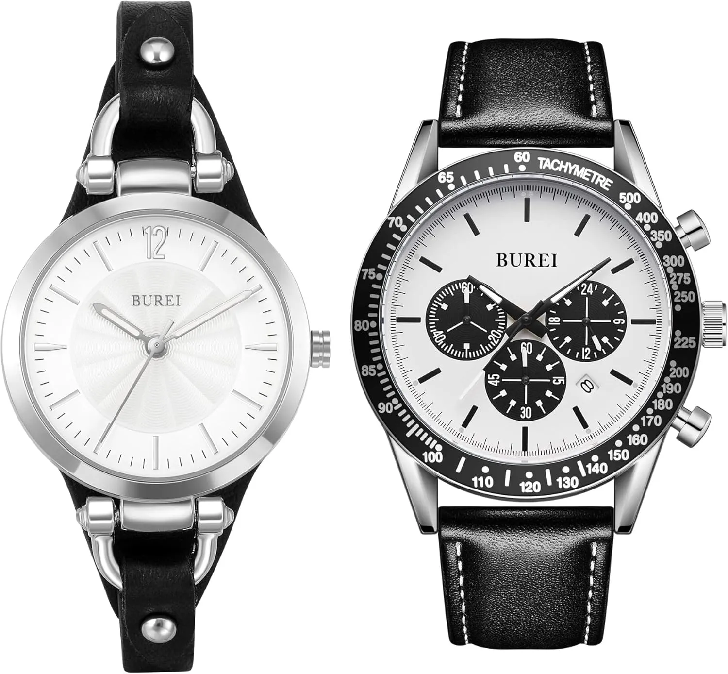 and Hers Analog Quartz Wristwatches BUREI Couple Watches Simple Black Leather Watches for Men and Women Multifunction anaerobic manner hardy hoe review Chronograph Watch Fashion Waterproof Watch His 