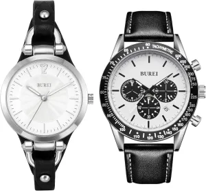 and Hers Analog Quartz Wristwatches BUREI Couple Watches Simple Black Leather Watches for Men and Women Multifunction anaerobic manner hardy hoe review Chronograph Watch Fashion Waterproof Watch His 