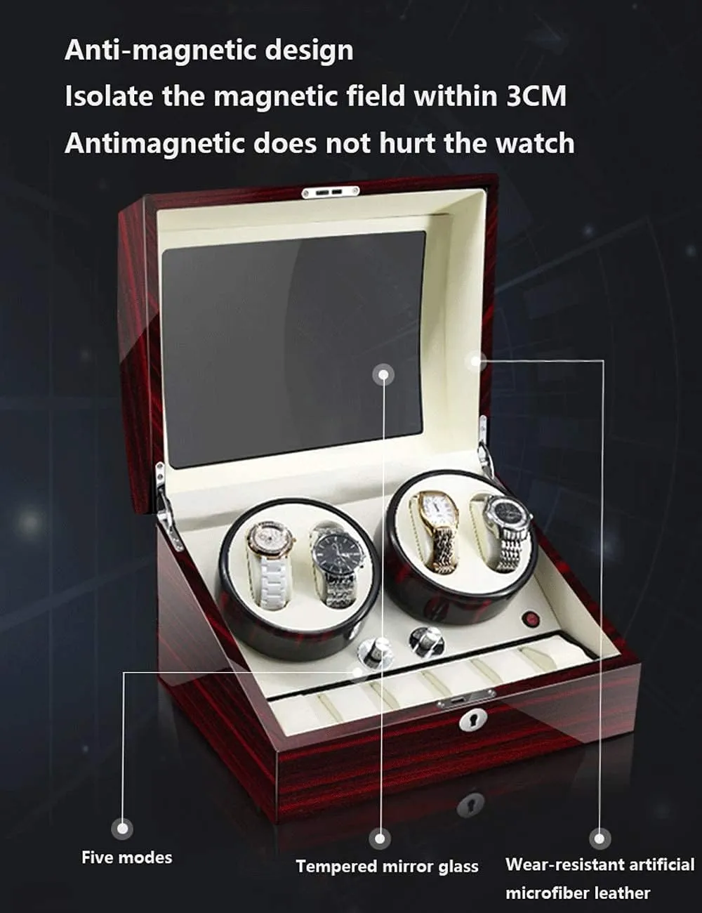 Anti-Magnetic, Ultra-Quiet Japanese Motorwatch Shaker, Led Atmosphere Light Watch Winder wingspan for 4 Watches, Luxury Piano Paint, 