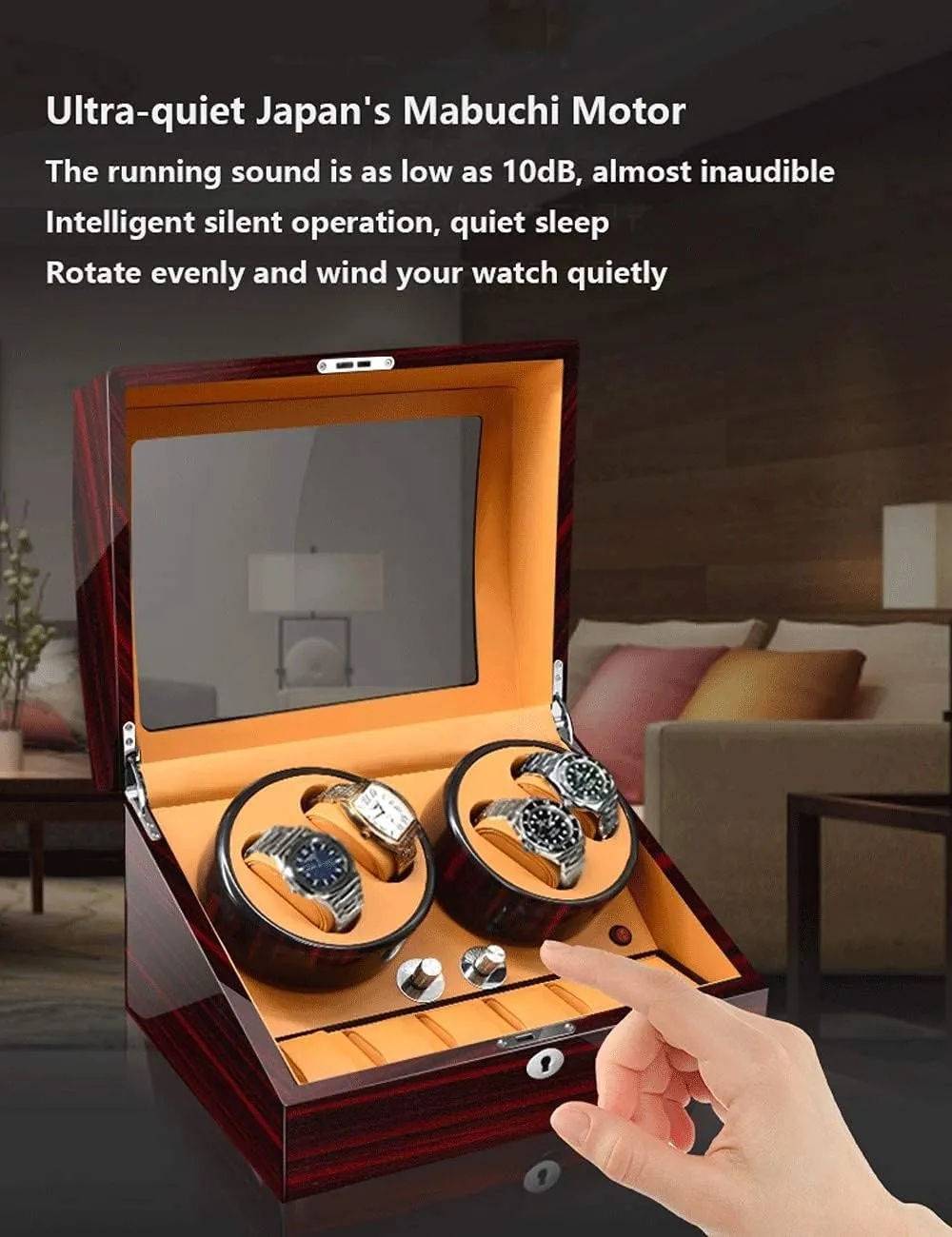 Anti-Magnetic, Ultra-Quiet Japanese Motorwatch Shaker, Led Atmosphere Light Watch Winder wingspan for 4 Watches, Luxury Piano Paint, 