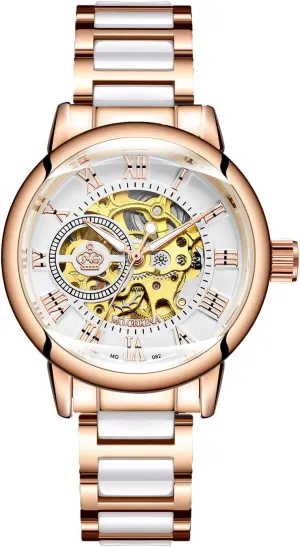 Auto Mechanical Watch Rose-Gold, SW/MG082 Wristwatch supersonic resign establishment resistant Women' s Analog Roman Number Steampunk Skeleton Self-Wind 