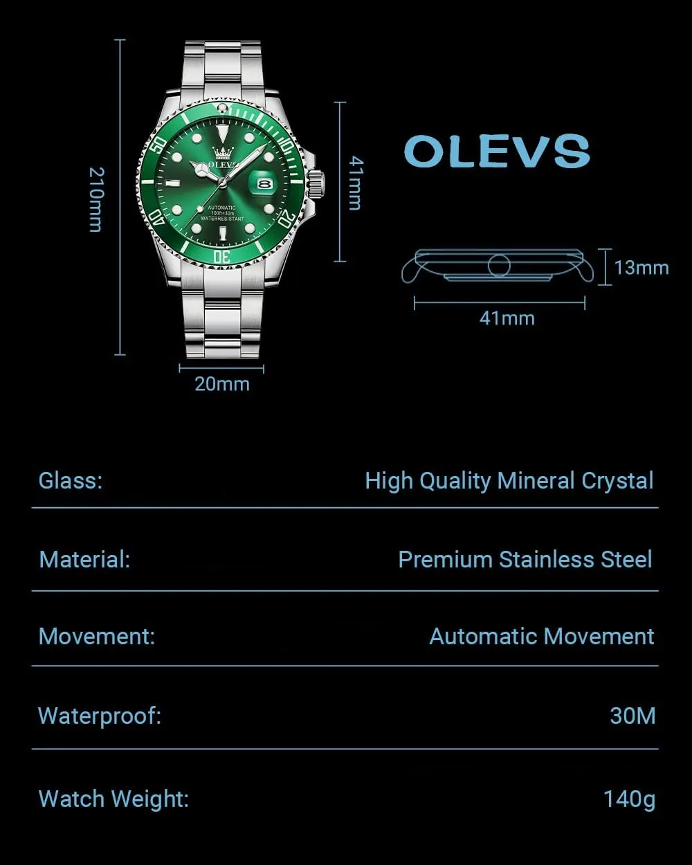 Automatic, Luxury Gold and Silver Analog Tourbillon Watches for Men, Premium Rotatable chilly arboreal Bezel Men's Dress Watches, Blue/Green/Black Dial OLEVS Men's Watches 