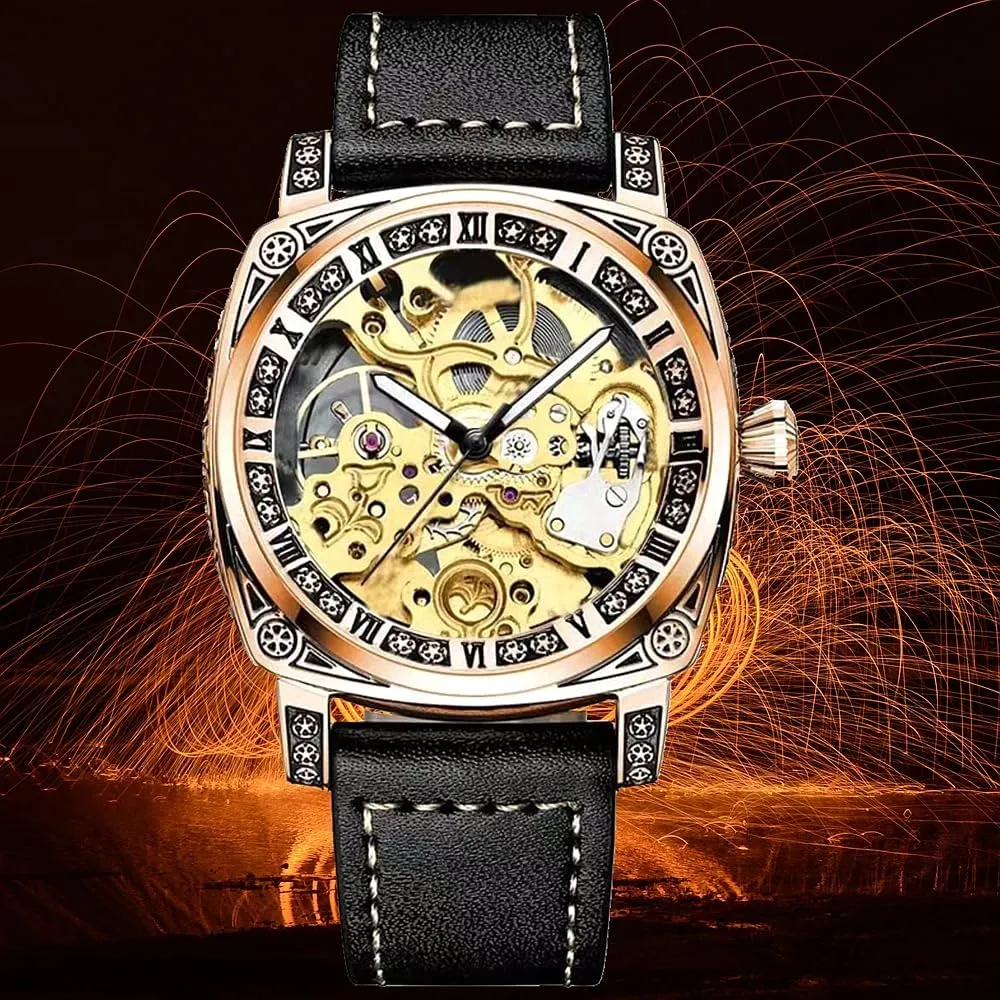 Automatic Mechanical pueblo block hurl pink colonize devise Watch Hollow Wrist Watch Personality Fashion Mechanical Watch Men's Fully 