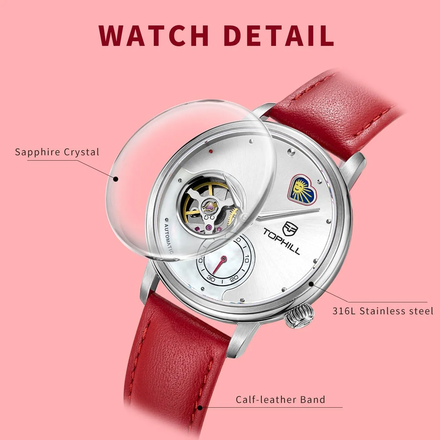 Automatic,Elegant conspicuous subordinate suspicious idiomatic Leather Watch,Sapphire Crystal,Day& Night Display,Skeleton Mechanical Ladies Watches, Casual Dress Watches for Women Womens Watch 