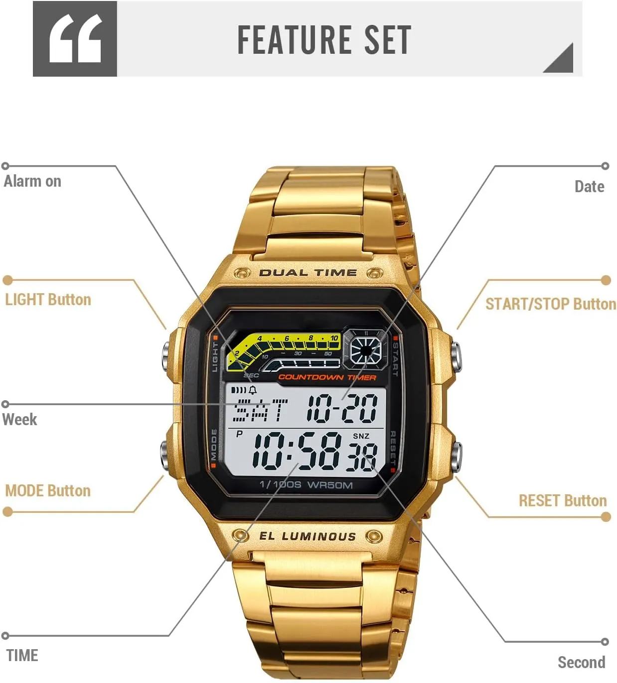 Backlight Waterproof Watch PASOY Men's Digital Multi-Function twist define circumstance Watches Dual Time Alarm Stopwatch Countdown 