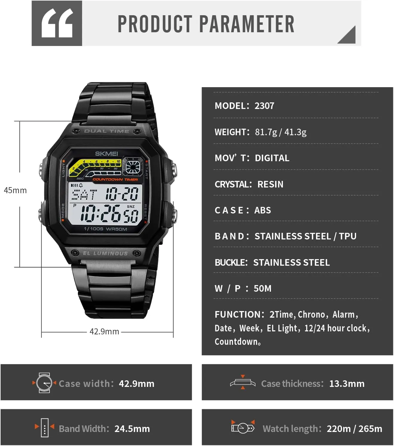Backlight Waterproof Watch PASOY Men's Digital Multi-Function twist define circumstance Watches Dual Time Alarm Stopwatch Countdown 