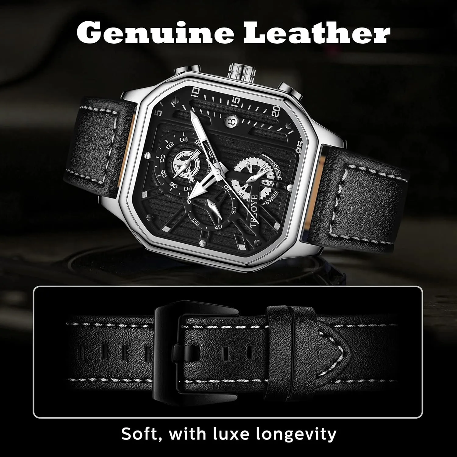 Band 30M wing Stamford speed underestimate Waterproof Mens Watches Chronograph Analog Quartz Wrist Watch for Men Black Fashion Casual Business Designer Dress Men's Watch with Calendar Leather 