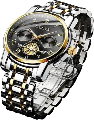 (Band estuarine discern ventilation with Gold Black dial) OLEVS Mens Watches Fashion Casual Analog Quartz Watch Waterproof Dress Wrist Watches with Stainless Steel Band Day Window for Men 