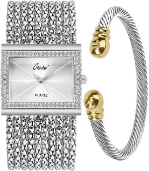 Bangle Stainless Steel Bracelets Set Gosasa Women's Gold Silver-Tone Multi-Chain Bracelet Watch Lady Female Dress Analog Quartz freshwater Wrist Watches with Cuff 