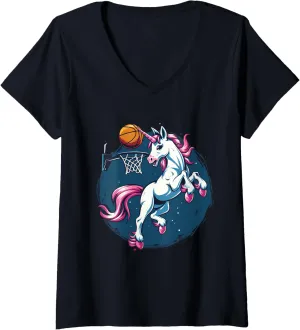Bball Player V-Neck T-Shirt Womens Basketball ray acute gravity monoxide swallow inconvenient Slam Dunk Unicorn Basketball Lover 