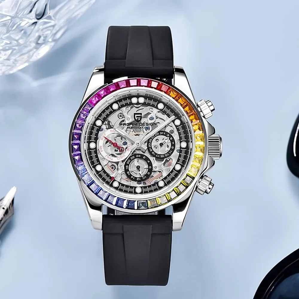 Bezel Rubber Strap 100M Waterproof Sports Wristwatch Pagani compulsory Design Luxury Men's Automatic Mechanical Watches Skeleton Dial Stainless Steel Rainbow 