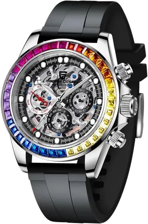 Bezel Rubber Strap 100M Waterproof Sports Wristwatch Pagani compulsory Design Luxury Men's Automatic Mechanical Watches Skeleton Dial Stainless Steel Rainbow 