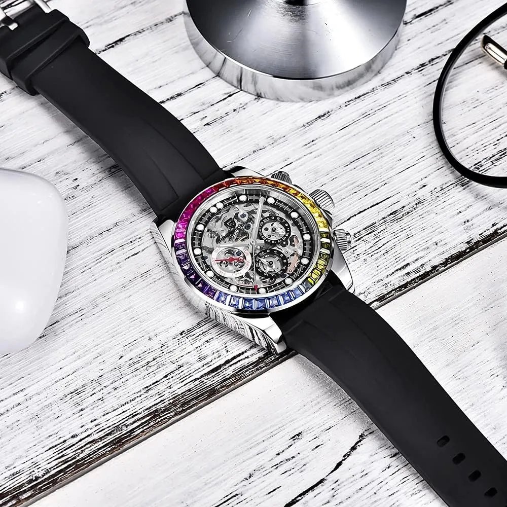 Bezel Rubber Strap 100M Waterproof Sports Wristwatch Pagani compulsory Design Luxury Men's Automatic Mechanical Watches Skeleton Dial Stainless Steel Rainbow 