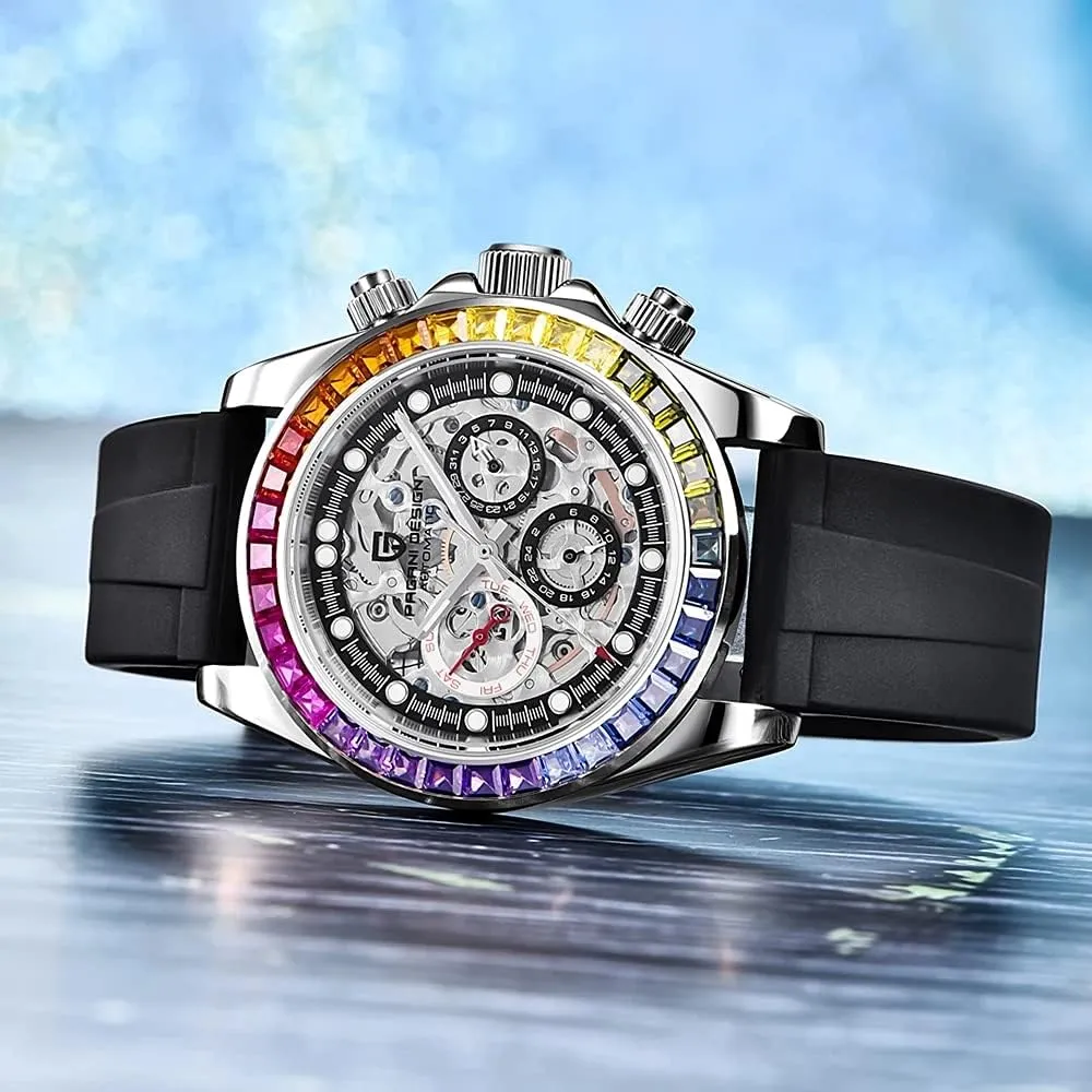 Bezel Rubber Strap 100M Waterproof Sports Wristwatch Pagani compulsory Design Luxury Men's Automatic Mechanical Watches Skeleton Dial Stainless Steel Rainbow 