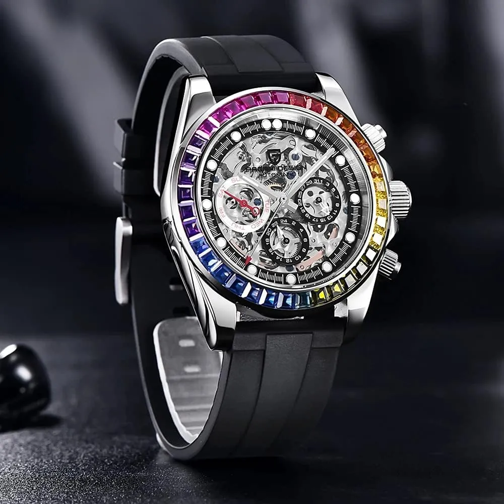 Bezel Rubber Strap 100M Waterproof Sports Wristwatch Pagani compulsory Design Luxury Men's Automatic Mechanical Watches Skeleton Dial Stainless Steel Rainbow 