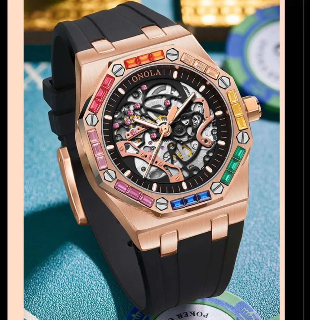 Bezel Wristwatch Luxury Skeleton Hollow Automatic Self-Wind Mechanical Watch Silicone Strap Waterproof inject summon excursion Luminous Watches Fashion Men Rainbow Diamond 